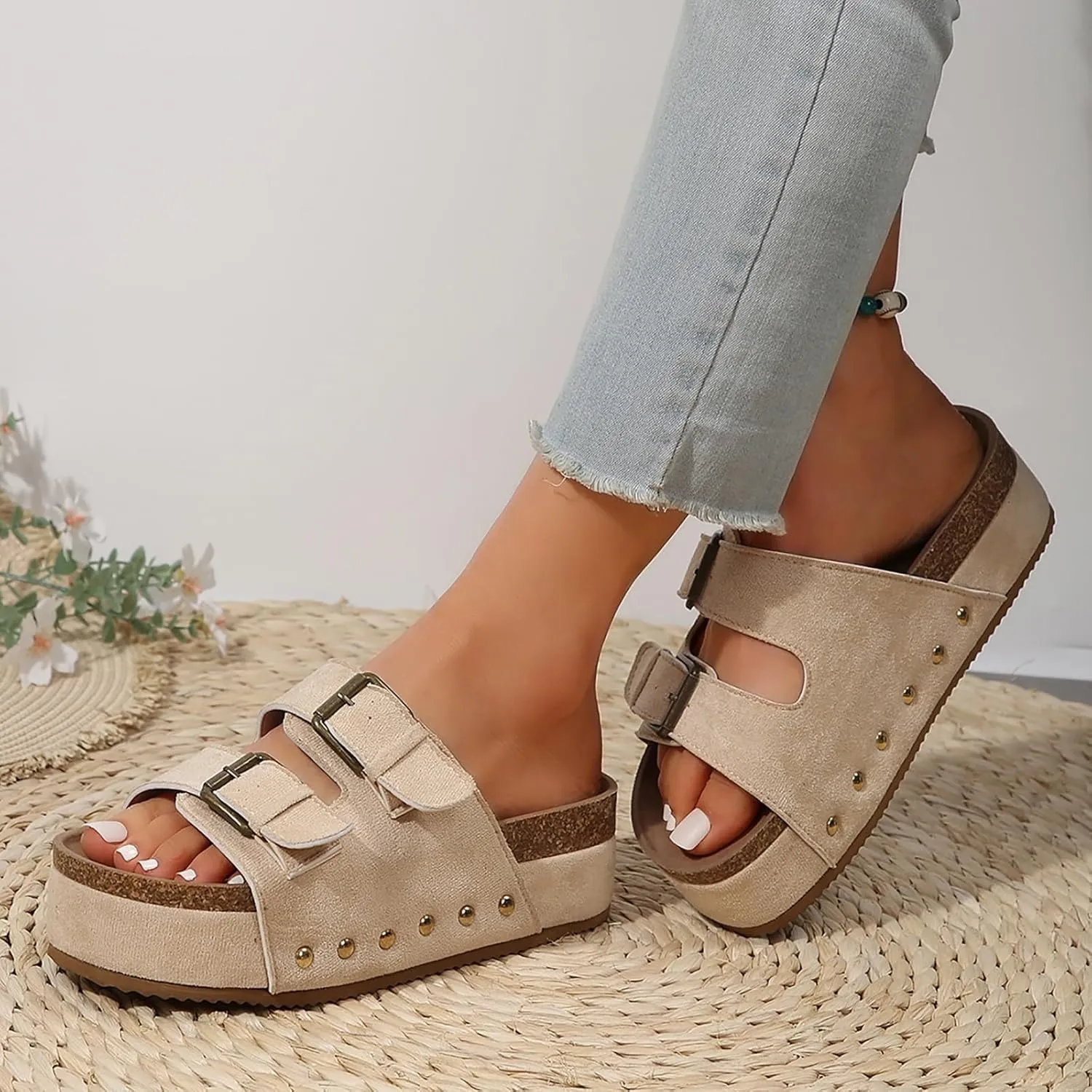 Cathalem Summer Sandals for Women 2024 Comfortable Leather Memory Foam Beach Vacation Essentials Slides for Women