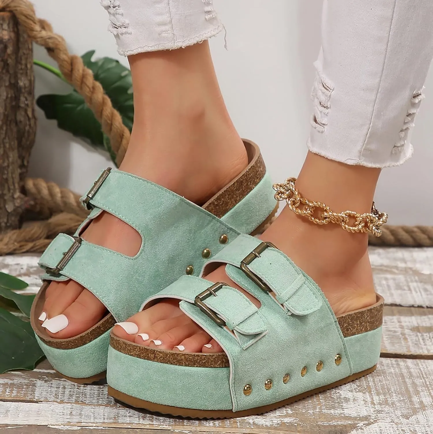 Cathalem Summer Sandals for Women 2024 Comfortable Leather Memory Foam Beach Vacation Essentials Slides for Women