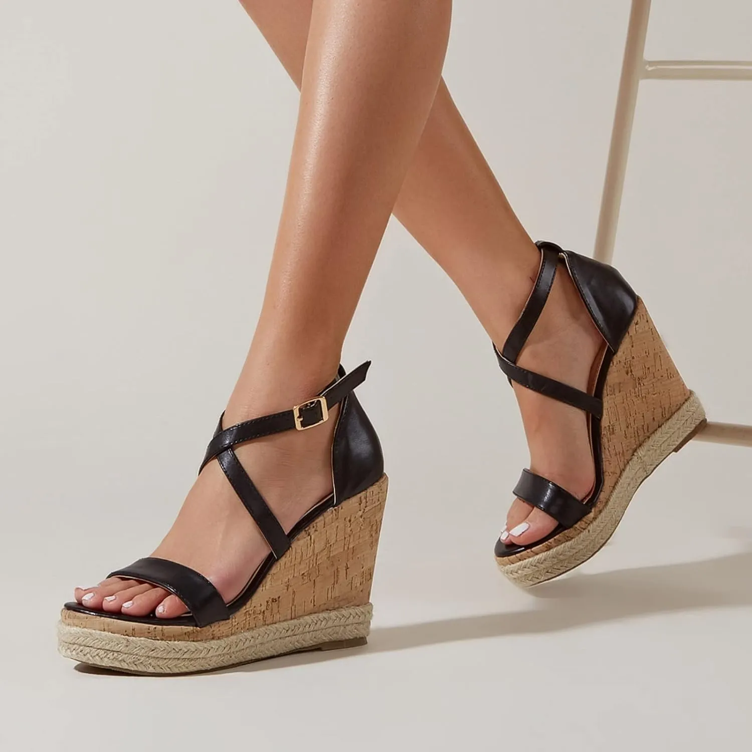 Cathalem Wedge Sandals for Women Summer Platform Flat Sandals Ladies Outside Open Toe Ankle Wrap Sandals Beach Outdoor Sandals