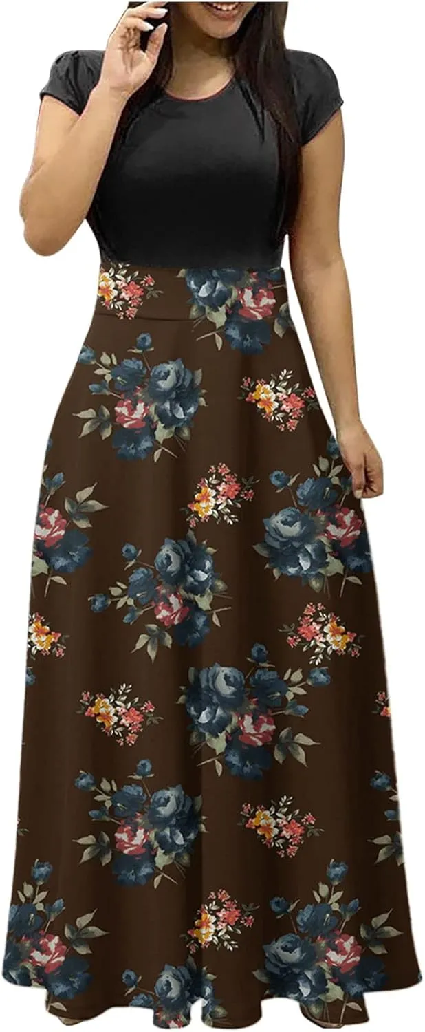Ceboyel Women 2023 Flower Maxi Dress Summer Causal Long Dresses Short Sleeve Petite Floor Length Dress Modest Teacher Clothes