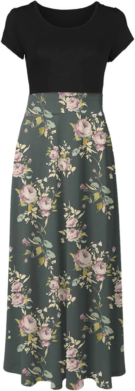 Ceboyel Women 2023 Flower Maxi Dress Summer Causal Long Dresses Short Sleeve Petite Floor Length Dress Modest Teacher Clothes