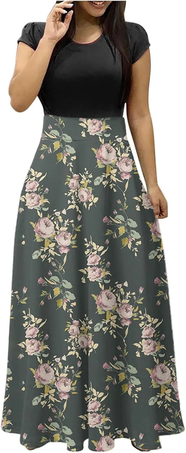 Ceboyel Women 2023 Flower Maxi Dress Summer Causal Long Dresses Short Sleeve Petite Floor Length Dress Modest Teacher Clothes