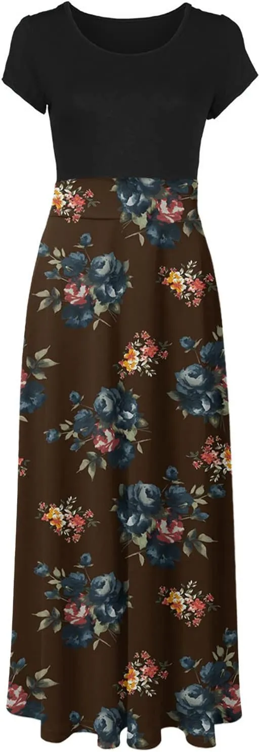 Ceboyel Women 2023 Flower Maxi Dress Summer Causal Long Dresses Short Sleeve Petite Floor Length Dress Modest Teacher Clothes