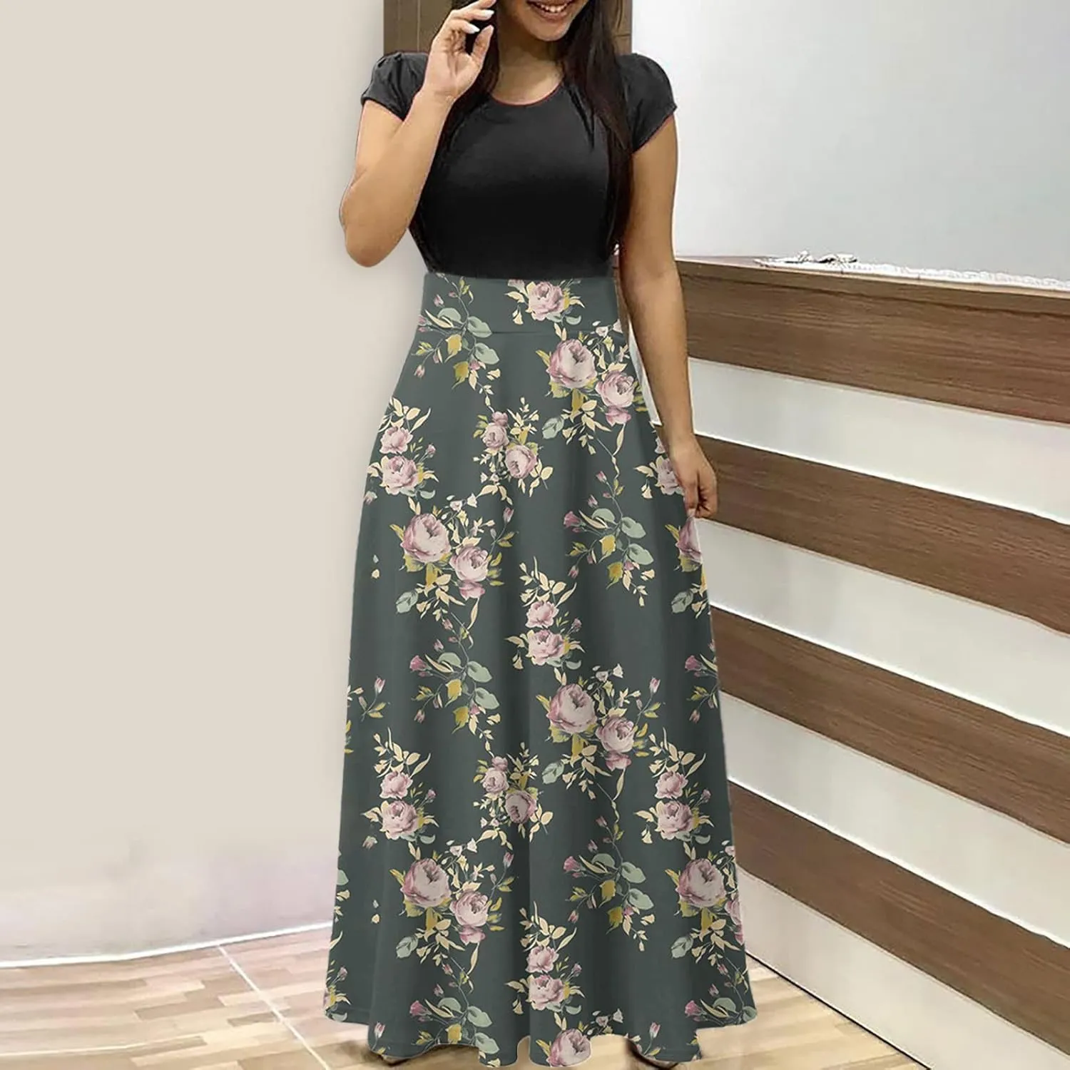Ceboyel Women 2023 Flower Maxi Dress Summer Causal Long Dresses Short Sleeve Petite Floor Length Dress Modest Teacher Clothes