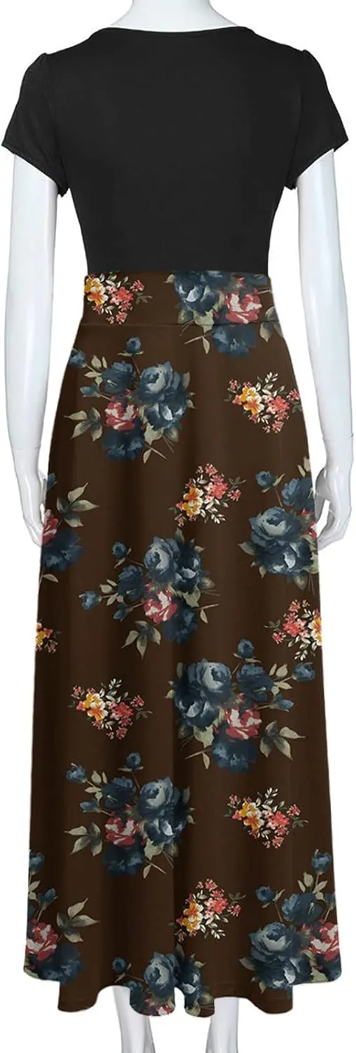 Ceboyel Women 2023 Flower Maxi Dress Summer Causal Long Dresses Short Sleeve Petite Floor Length Dress Modest Teacher Clothes
