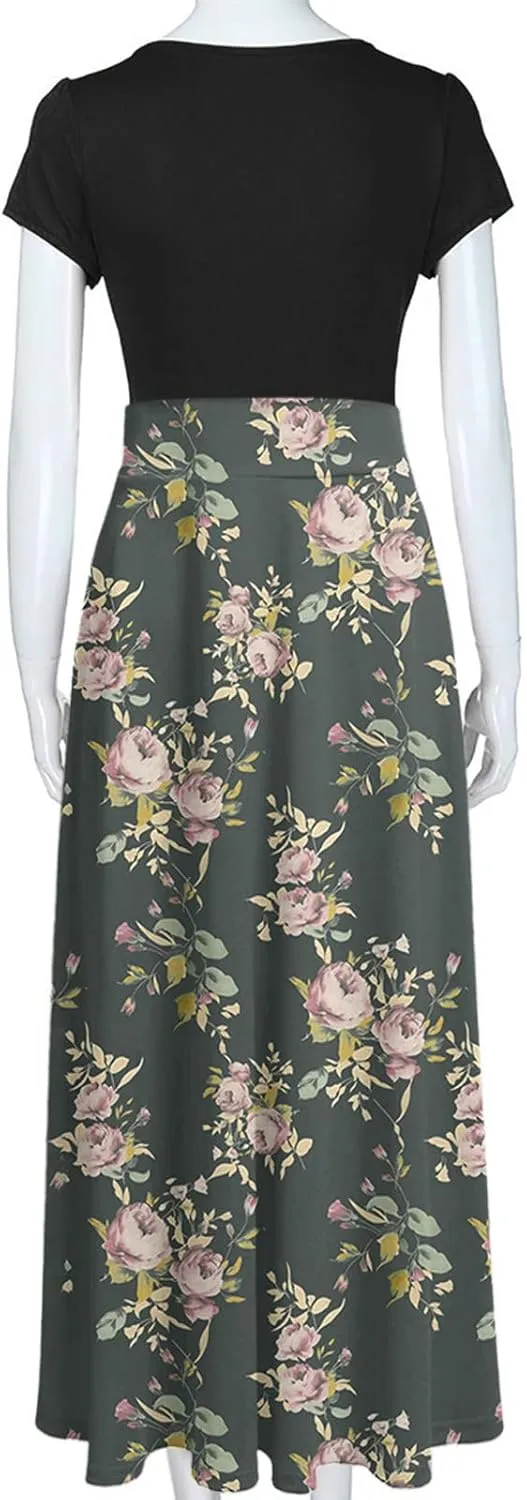 Ceboyel Women 2023 Flower Maxi Dress Summer Causal Long Dresses Short Sleeve Petite Floor Length Dress Modest Teacher Clothes