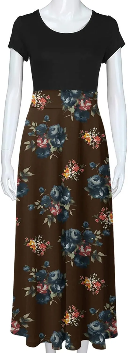 Ceboyel Women 2023 Flower Maxi Dress Summer Causal Long Dresses Short Sleeve Petite Floor Length Dress Modest Teacher Clothes