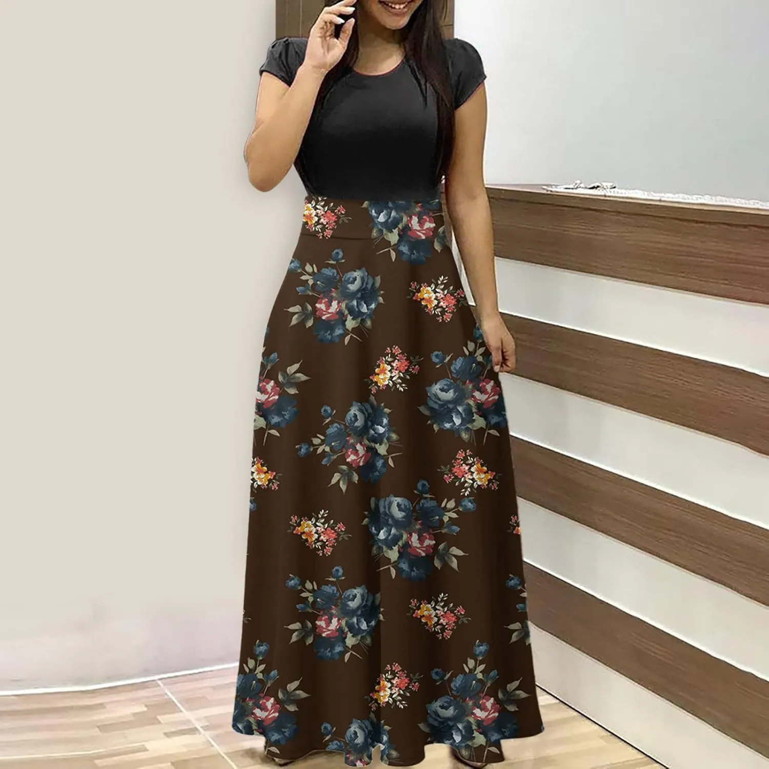 Ceboyel Women 2023 Flower Maxi Dress Summer Causal Long Dresses Short Sleeve Petite Floor Length Dress Modest Teacher Clothes