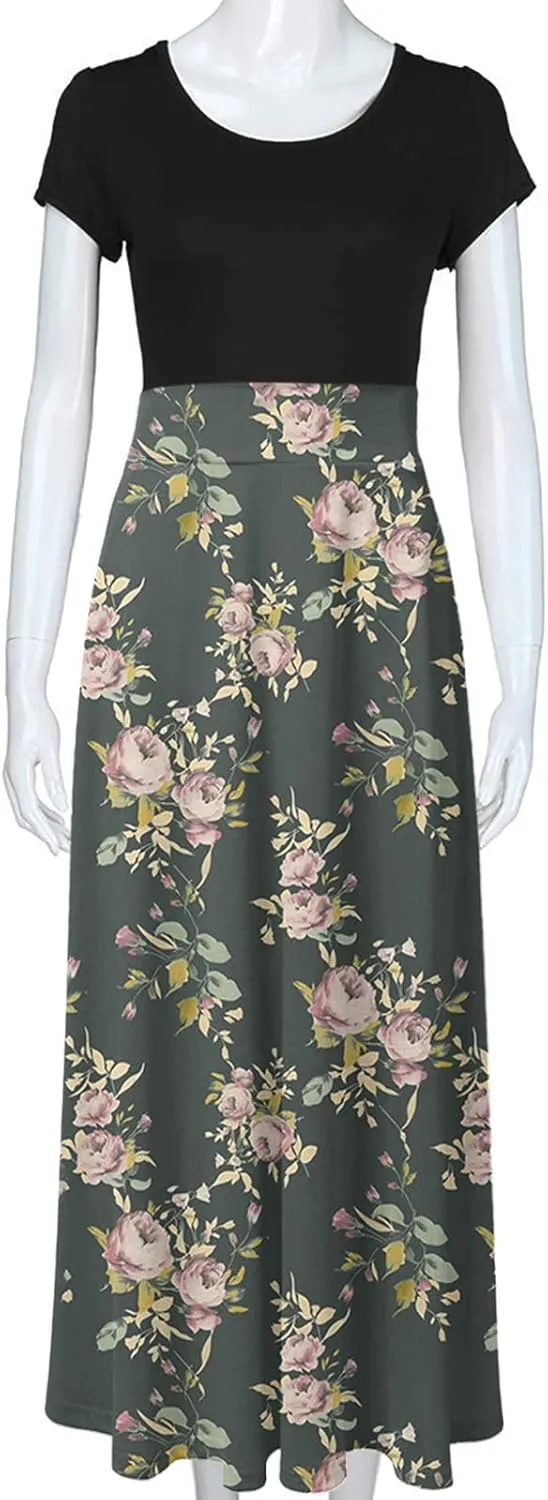 Ceboyel Women 2023 Flower Maxi Dress Summer Causal Long Dresses Short Sleeve Petite Floor Length Dress Modest Teacher Clothes
