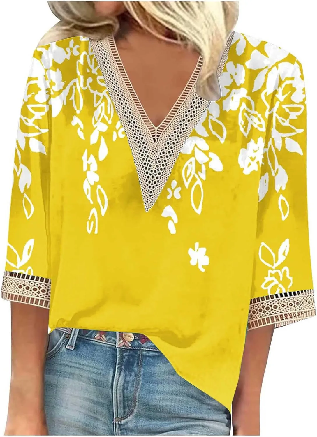 Ceboyel Women Boho Trendy Summer Tops 3/4 Length Sleeve Shirts Lace Trim V Neck Blouses Dressy Causal Bohemian Ladies Clothes