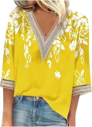Ceboyel Women Boho Trendy Summer Tops 3/4 Length Sleeve Shirts Lace Trim V Neck Blouses Dressy Causal Bohemian Ladies Clothes