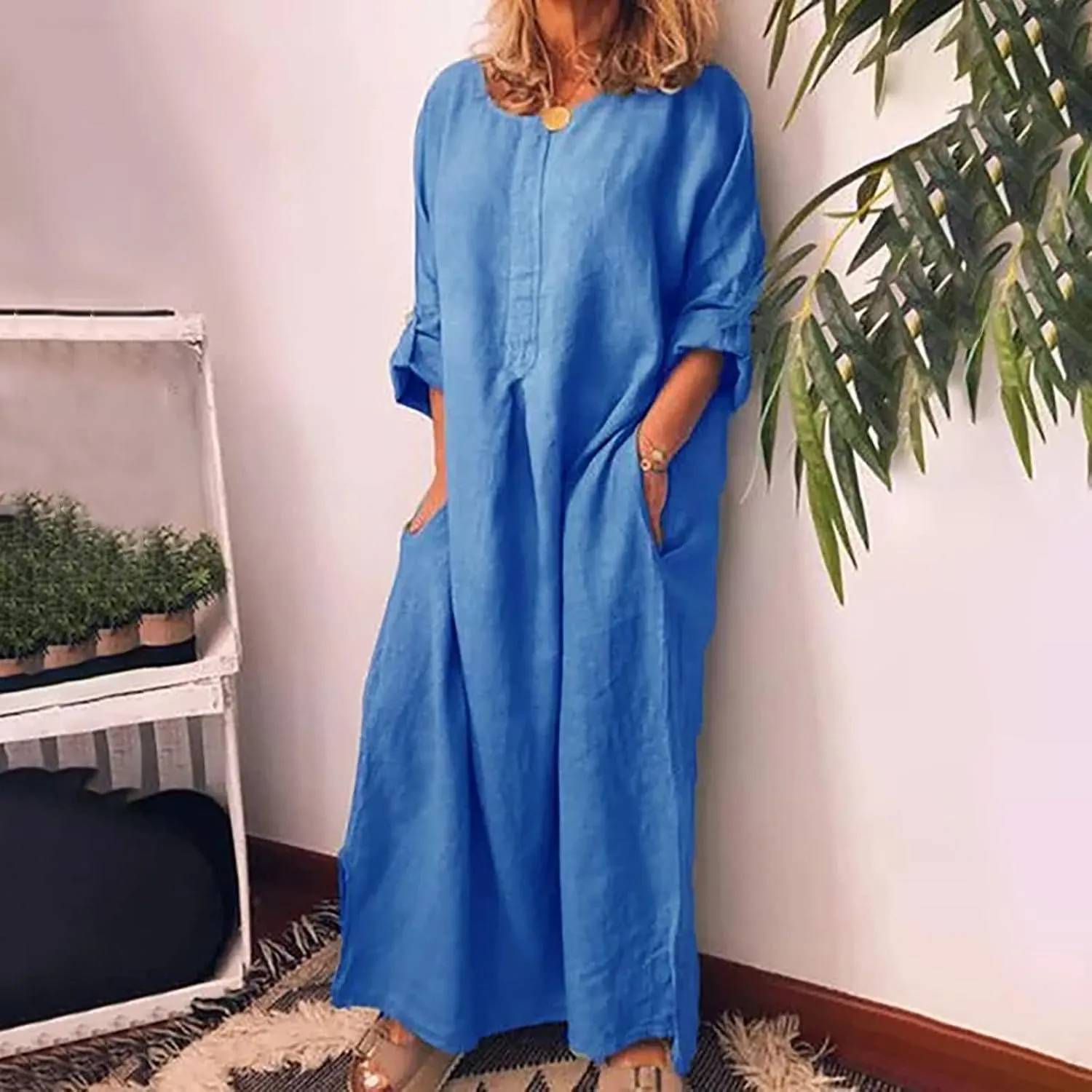 Ceboyel Women Denim Shirt Dresses Casual Loose Maxi Long Dress Half Sleeve Distressed Jean Dress Summer Beach Outfits 2023