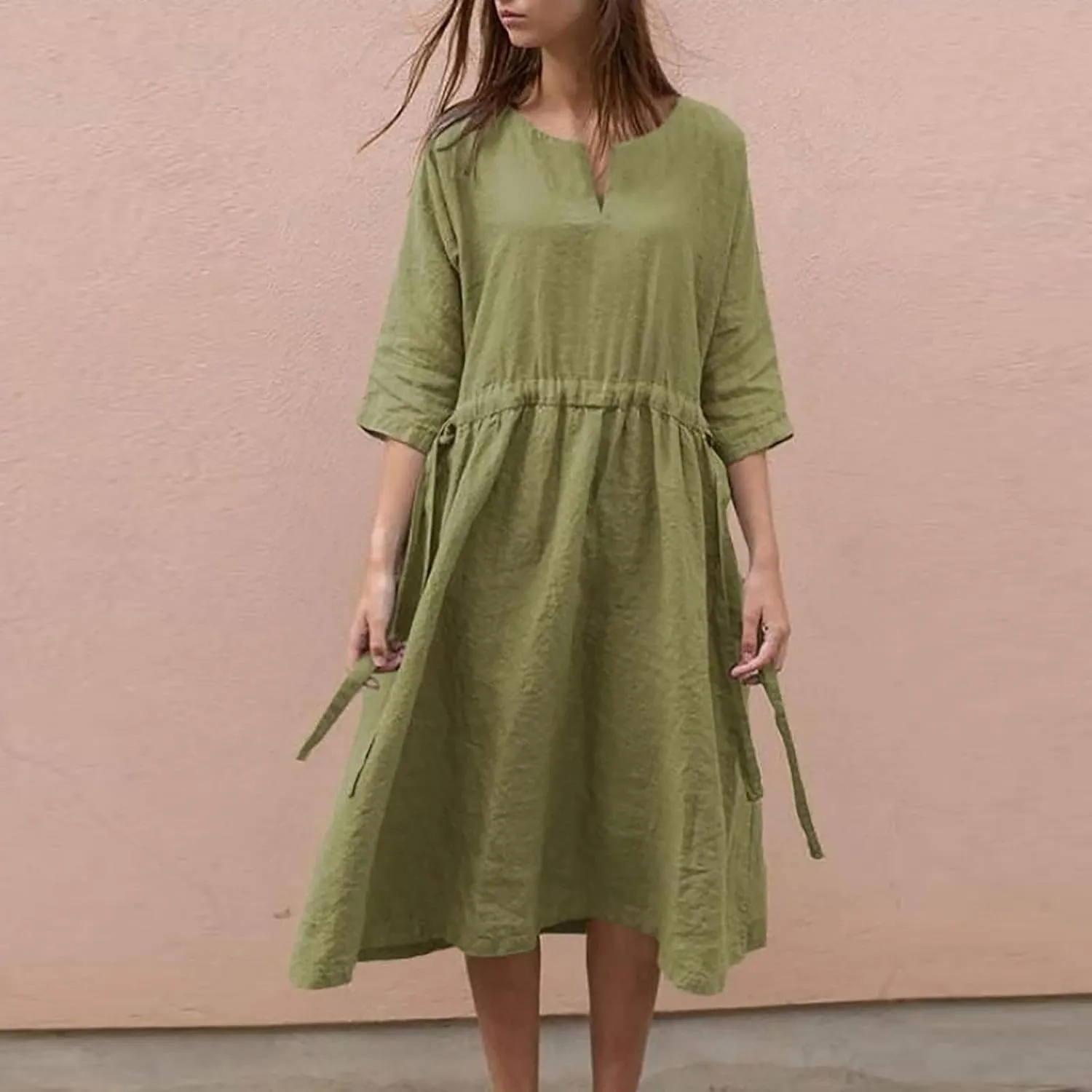 Ceboyel Women Half Sleeve Boho Dresses Cotton Linen Smocked Tiered Dress Drawstring Flowy Dresses Causal Summer Outfits