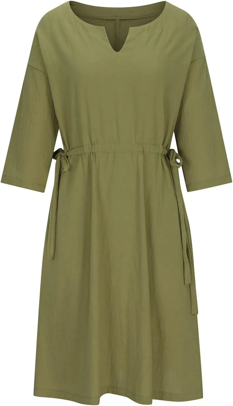 Ceboyel Women Half Sleeve Boho Dresses Cotton Linen Smocked Tiered Dress Drawstring Flowy Dresses Causal Summer Outfits