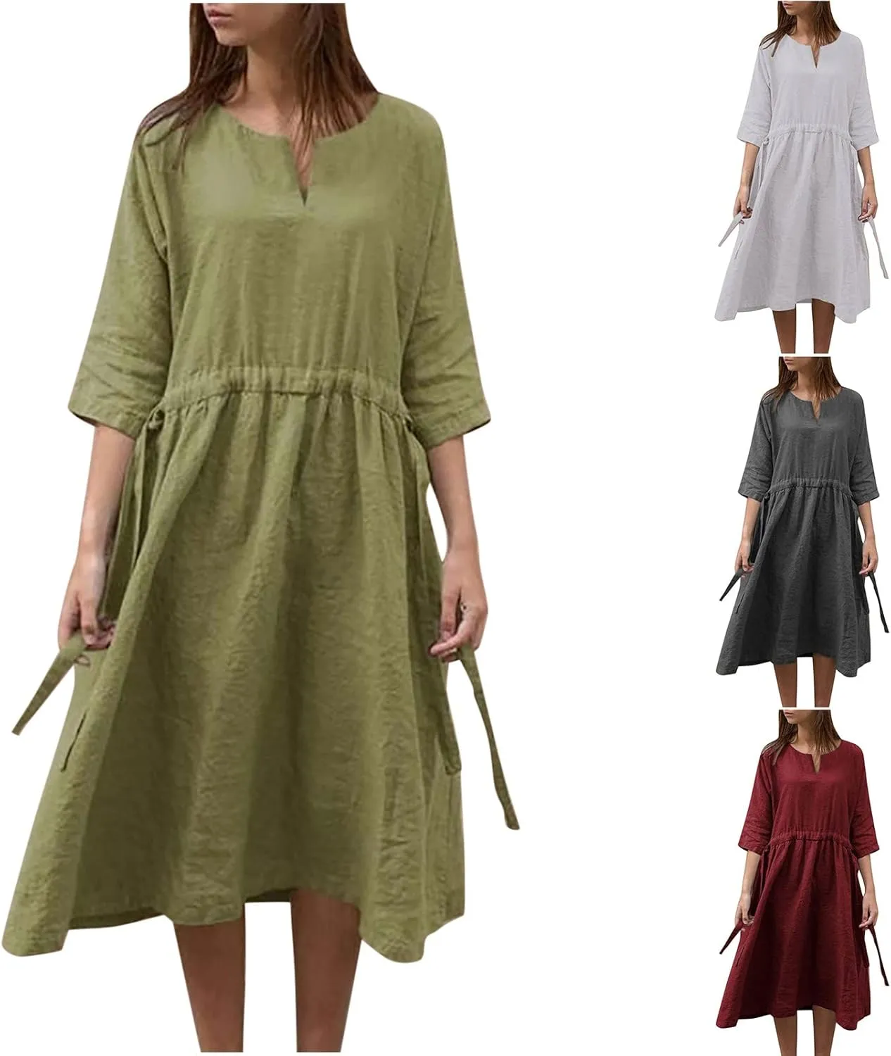Ceboyel Women Half Sleeve Boho Dresses Cotton Linen Smocked Tiered Dress Drawstring Flowy Dresses Causal Summer Outfits
