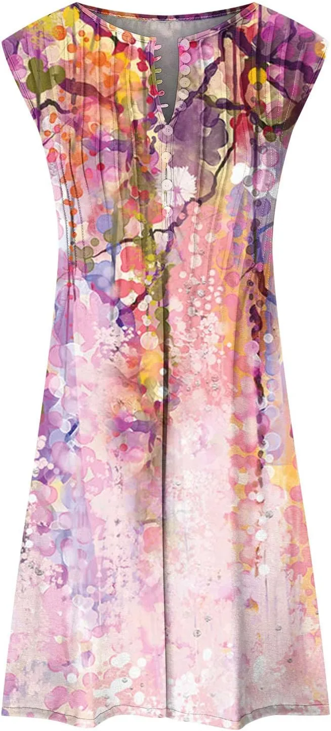 Ceboyel Womens 2023 Floral Tunic Dress Button Short Dresses Sleeveless Pleated Summer Causal Dress Cute Trendy Boho Clothes