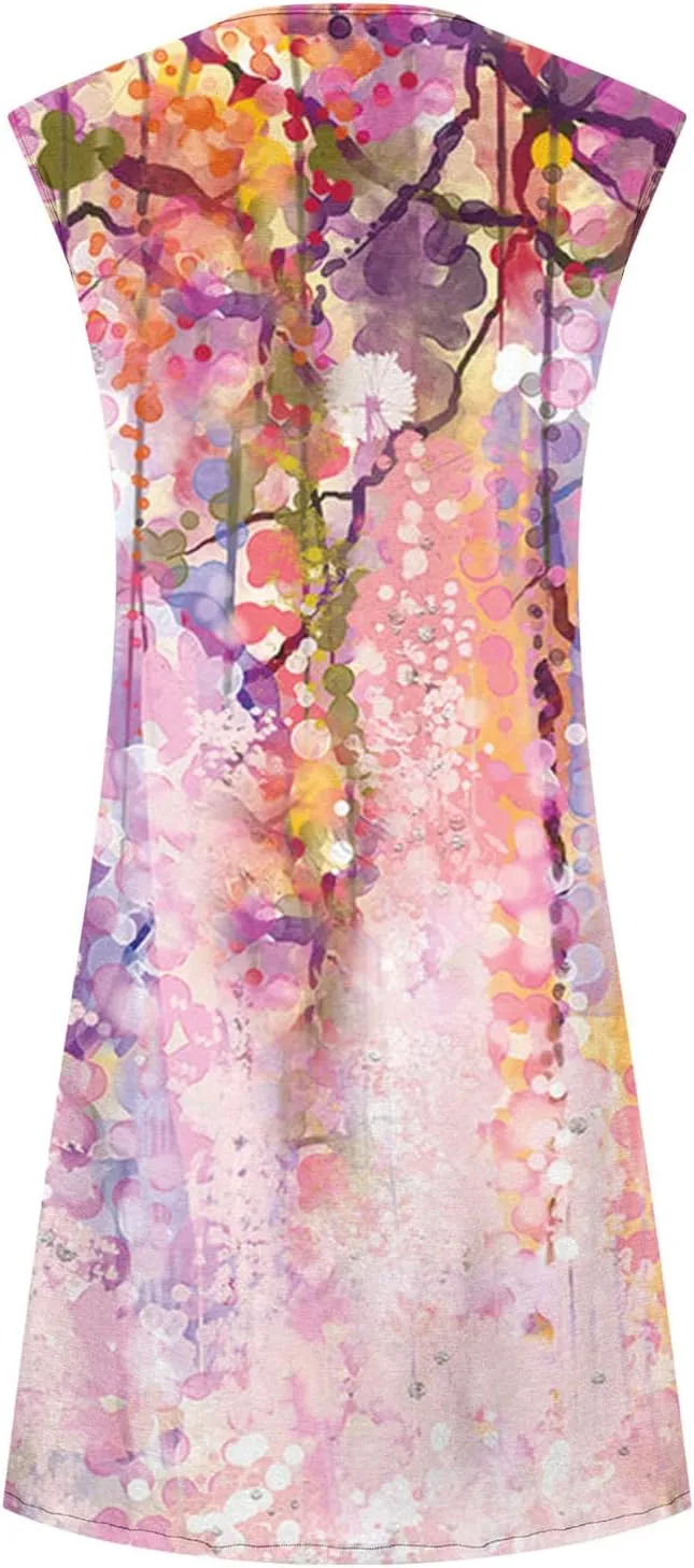 Ceboyel Womens 2023 Floral Tunic Dress Button Short Dresses Sleeveless Pleated Summer Causal Dress Cute Trendy Boho Clothes