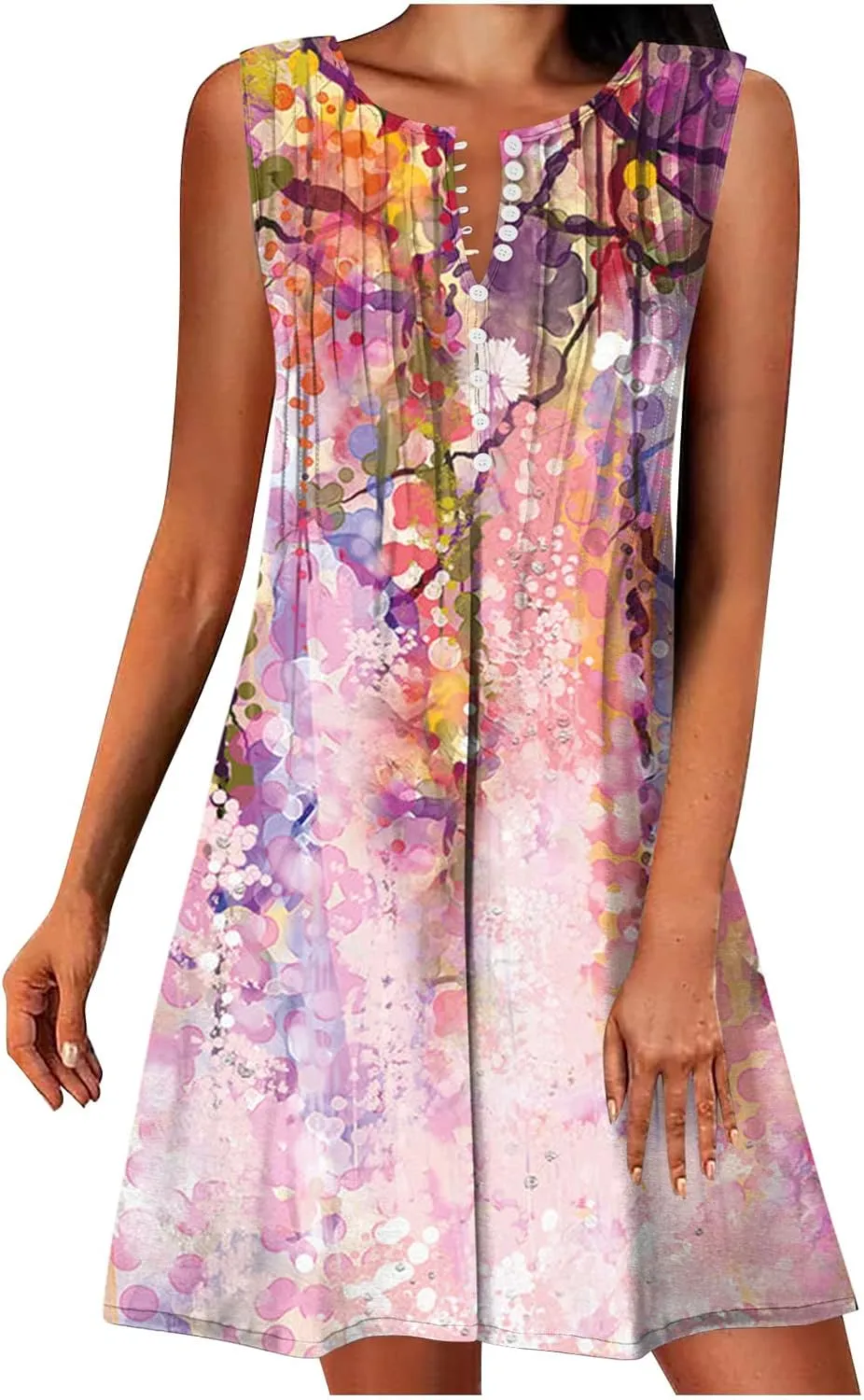 Ceboyel Womens 2023 Floral Tunic Dress Button Short Dresses Sleeveless Pleated Summer Causal Dress Cute Trendy Boho Clothes