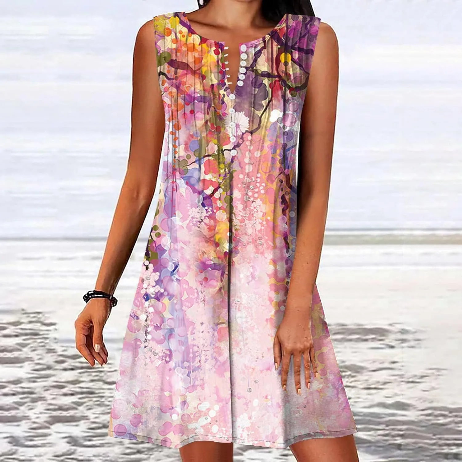 Ceboyel Womens 2023 Floral Tunic Dress Button Short Dresses Sleeveless Pleated Summer Causal Dress Cute Trendy Boho Clothes