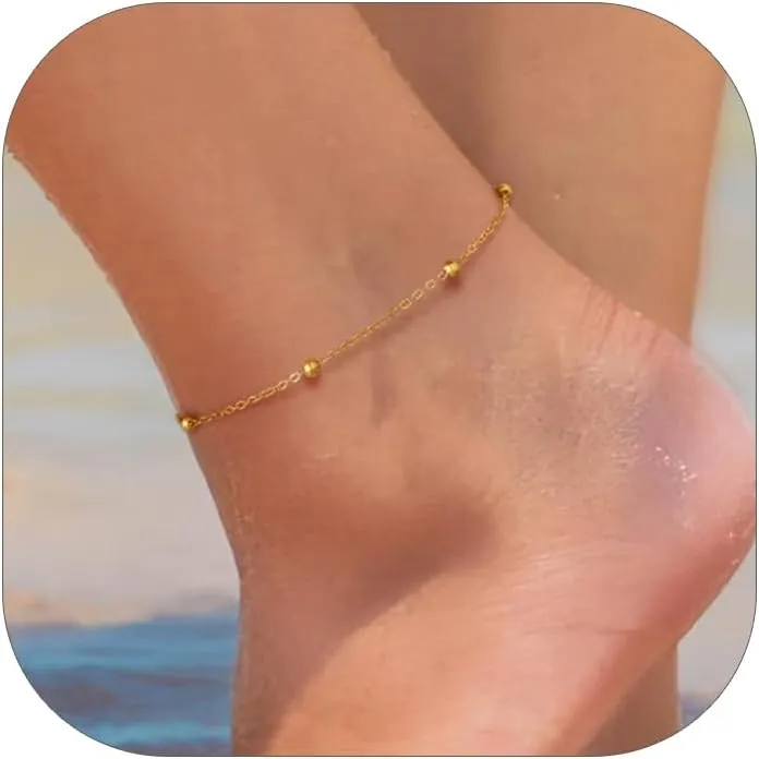 ChainsHouse Ankle Bracelets for Women, Waterproof Layering Beaded Chain Ankle Bracelet for Summer Beach Jewelry Gifts