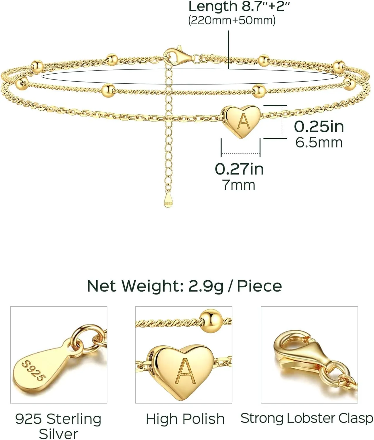 ChicSilver Sterling Silver Anklets for Women 925 Ankle Bracelets for Women Layered Heart Anklet With Beaded Anklets for Women (With Gift Box)