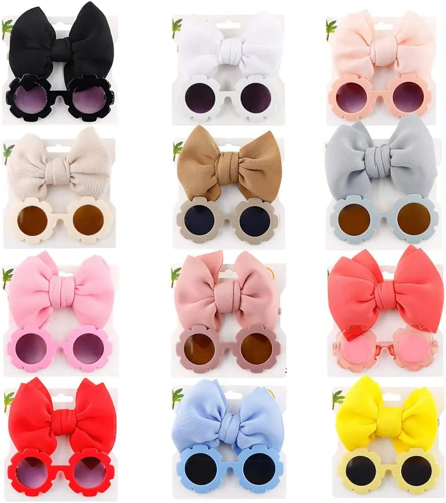 Children's Nylon Bow Headbands Hairbands with Sunglass CombinationFlower Shaped Sunglasses for Baby Girls