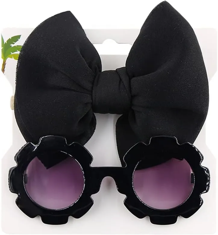 Children's Nylon Bow Headbands Hairbands with Sunglass CombinationFlower Shaped Sunglasses for Baby Girls