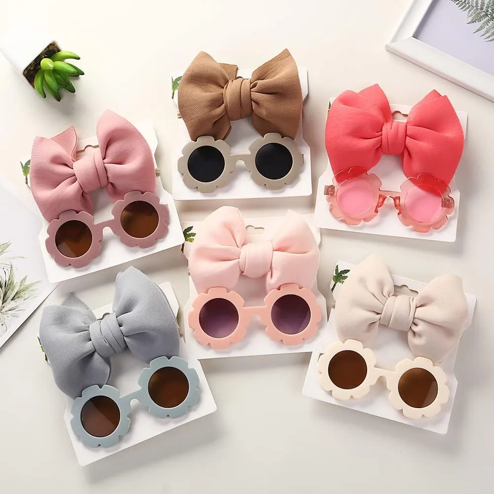 Children's Nylon Bow Headbands Hairbands with Sunglass CombinationFlower Shaped Sunglasses for Baby Girls