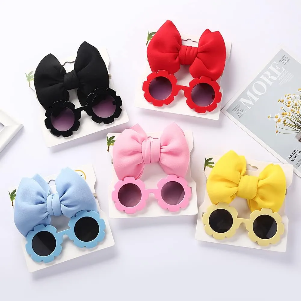 Children's Nylon Bow Headbands Hairbands with Sunglass CombinationFlower Shaped Sunglasses for Baby Girls