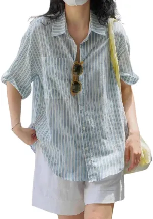 chouyatou Women's Summer Striped Button Down Shirt Business Casual Short Sleeve Tops Blouses