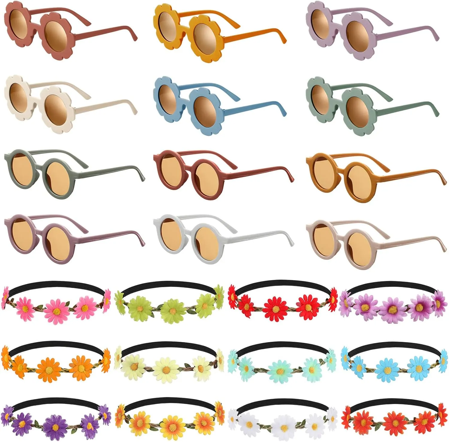 Chumia 24Pcs Retro Flower Sunglasses Hippie Headbands Set Groovy Decors 12pcs Multicolor Daisy Headbands 12pcs Sunglasses (Flower, Round)