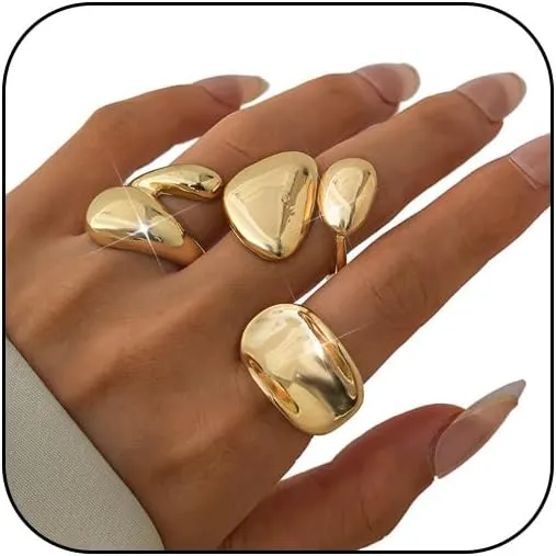 Chunky Gold Big Rings Set Vintage Silver Thick Stainless Steel Statement Large Finger Ring Stack Fashion Trendy Cool Jewelry Pack for Women Non Tarnish