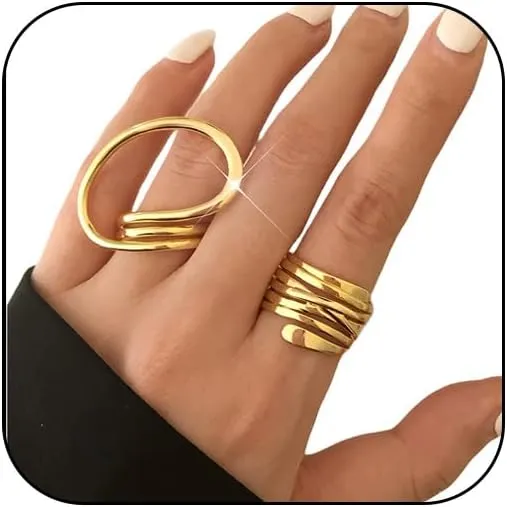 Chunky Gold Unique Big Wave Oval Rings Set for Women Silver Statement Large Cool Finger Thumb Knuckle Adjustable Ring Stck Fashion Y2k Jewelry Pack