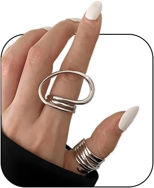 Chunky Gold Unique Big Wave Oval Rings Set for Women Silver Statement Large Cool Finger Thumb Knuckle Adjustable Ring Stck Fashion Y2k Jewelry Pack
