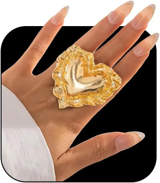 Chunky Gold Unique Heart Rings for Women Trendy Silver Statement Thick Big Love Adjustable Middle Finger Plus Size Knuckle Ring Y2k Aesthetic Jewelry