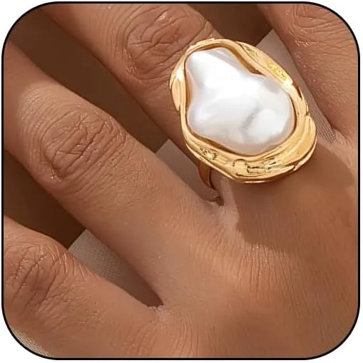 Chunky Gold Vintage Big Pearl Rings Fashion Statement Unique Large White Mother Of Pearls Knuckle Cool Prom Cocktail Ring Jewelry for Women Non Tarnish