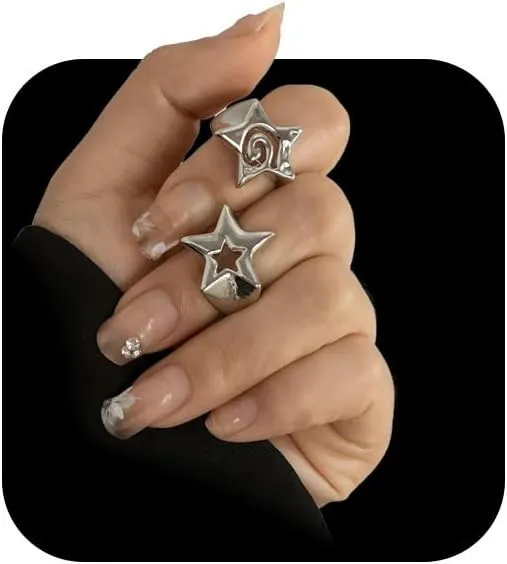 Chunky Silver Star Knuckle Rings Set Statement Y2k Punk Unique Cool Gothic Stainless Steel Goth Emo Grunge Finger Ring Stack Jewelry Accessories for Women