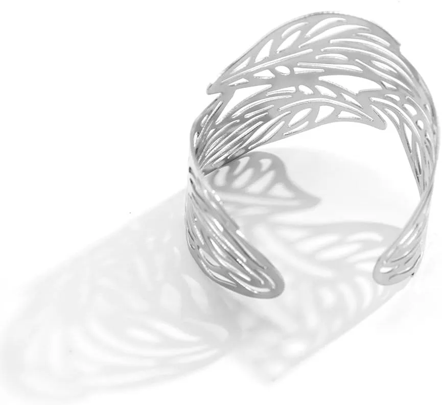 COLORFUL BLING Chunky Gold Silver Open Wide Hammered Wrist Cuff Bangle Adjustable Hollow Leaf Flower Wrap Bracelet for Women Statement Wristband Jewelry-silver leaf