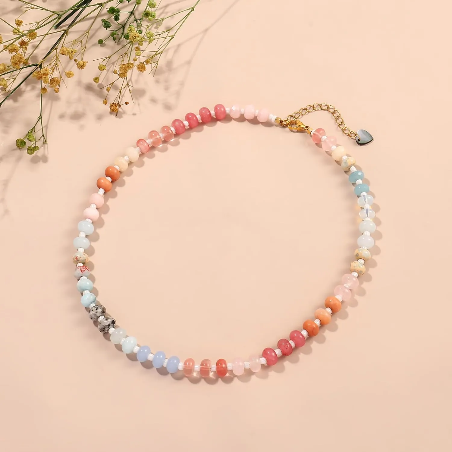 Colorful Gemstone Beaded Necklaces For Women Trendy Rainbow Natural Stone Boho Handmade Stainless Steel Waterproof Strand Necklaces Jewelry For Women Gift