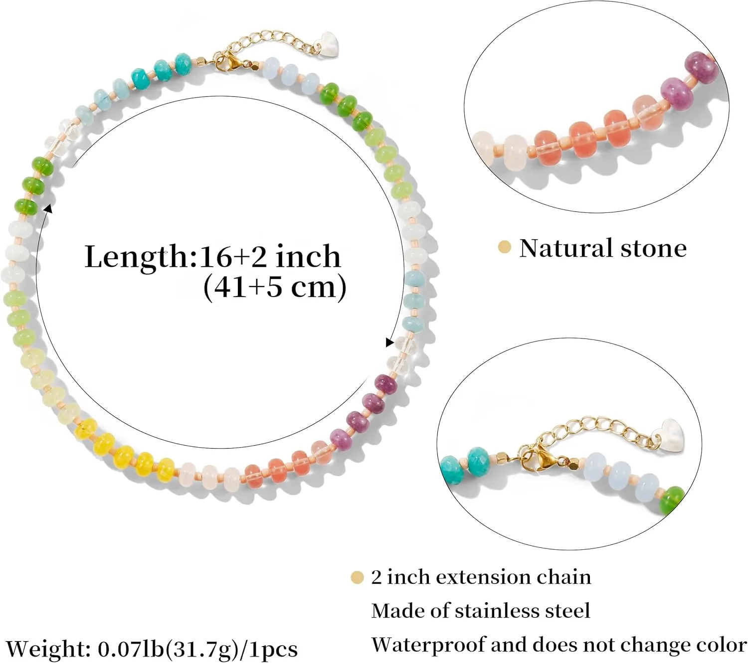 Colorful Gemstone Beaded Necklaces For Women Trendy Rainbow Natural Stone Boho Handmade Stainless Steel Waterproof Strand Necklaces Jewelry For Women Gift