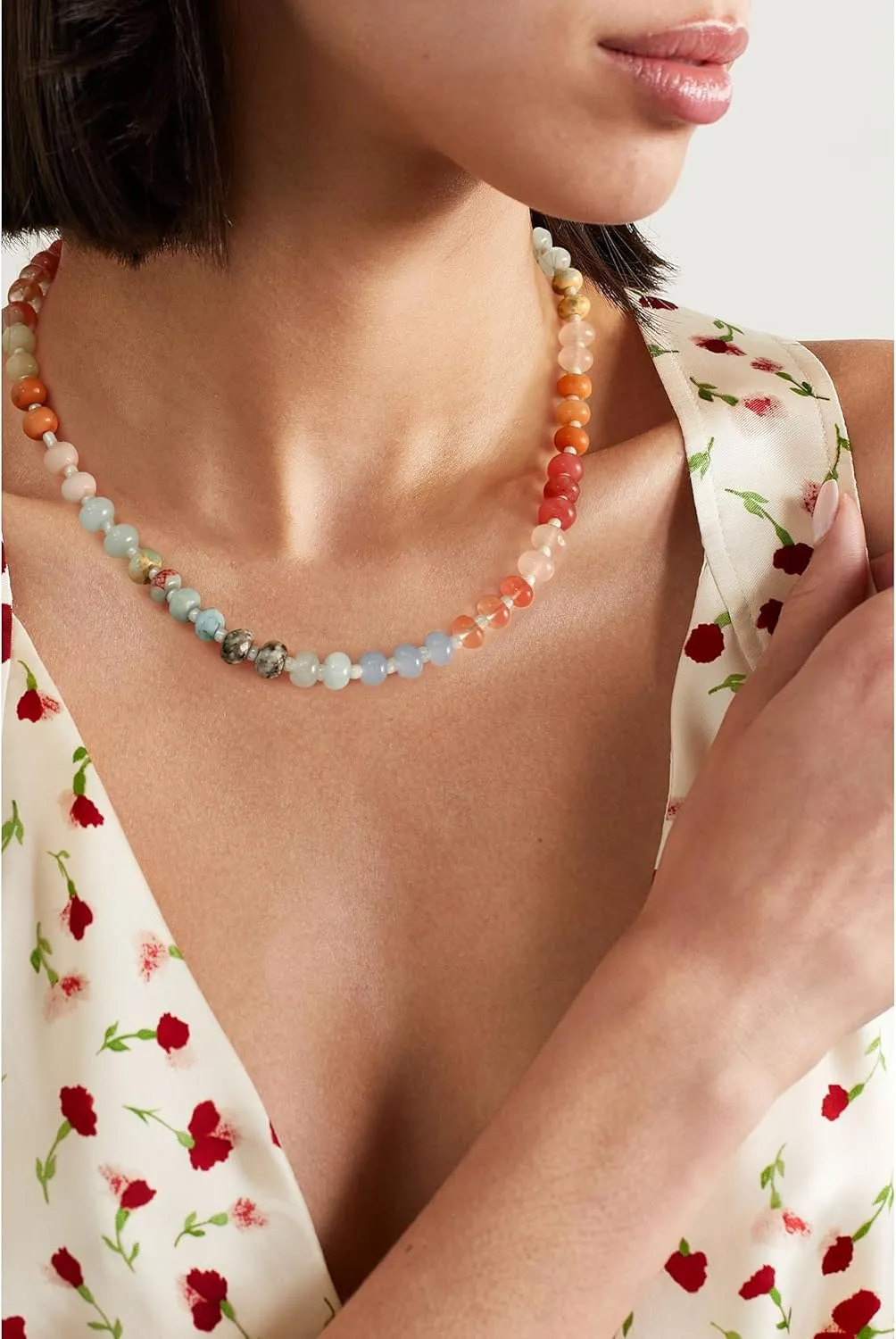 Colorful Gemstone Beaded Necklaces For Women Trendy Rainbow Natural Stone Boho Handmade Stainless Steel Waterproof Strand Necklaces Jewelry For Women Gift