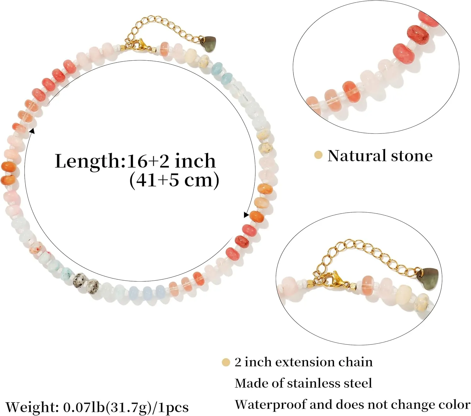 Colorful Gemstone Beaded Necklaces For Women Trendy Rainbow Natural Stone Boho Handmade Stainless Steel Waterproof Strand Necklaces Jewelry For Women Gift