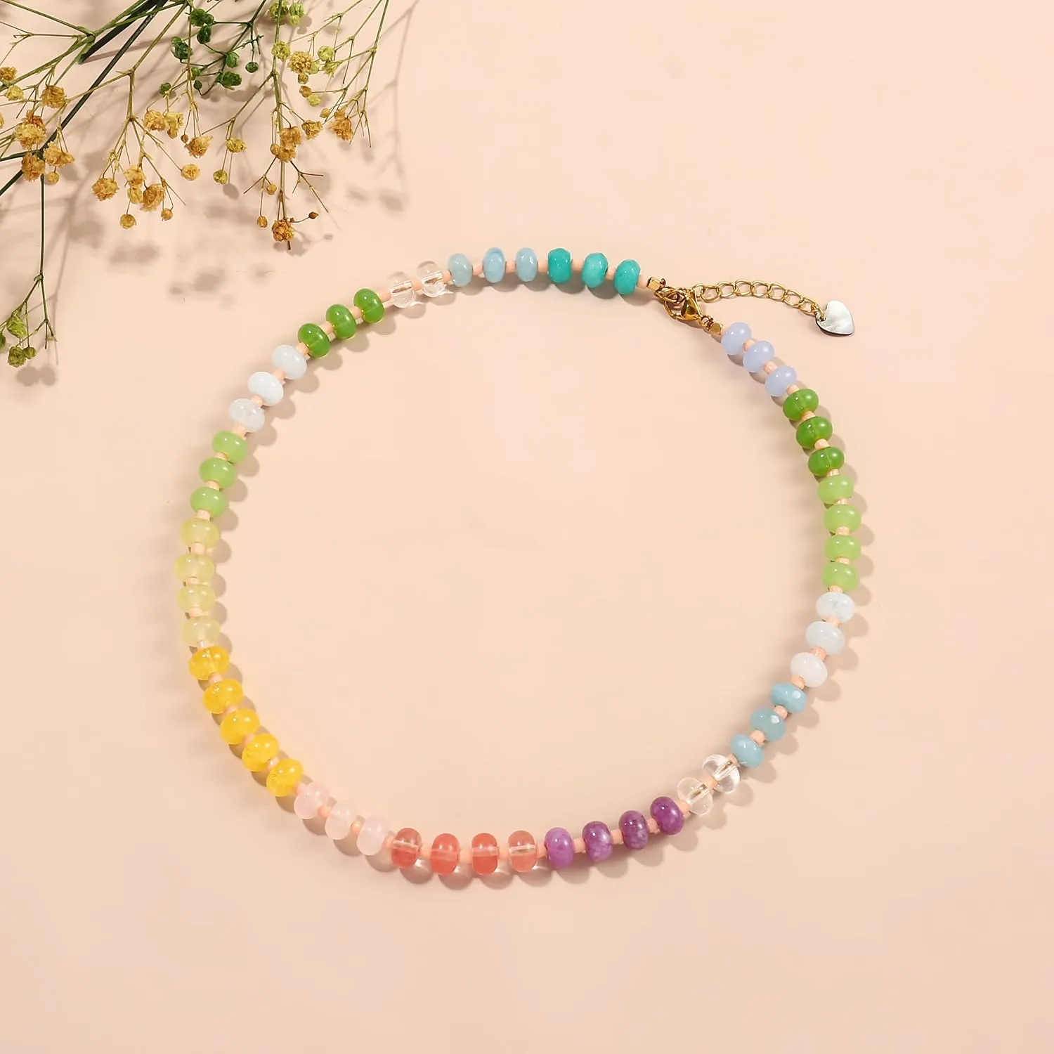 Colorful Gemstone Beaded Necklaces For Women Trendy Rainbow Natural Stone Boho Handmade Stainless Steel Waterproof Strand Necklaces Jewelry For Women Gift