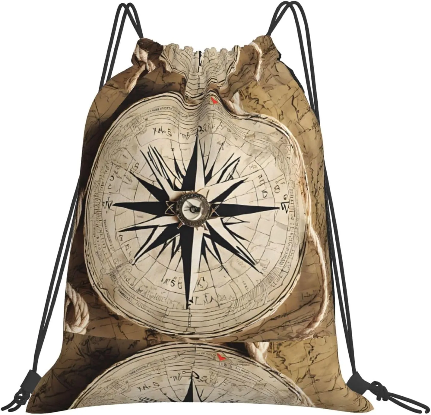 (Compass Map Nautical) Drawstring Backpack Drawstring Gym Bag Foldable Water Drawstring Bags Draw String Back Bag For Shopping Sport Yoga Travel, Swimming, Beach