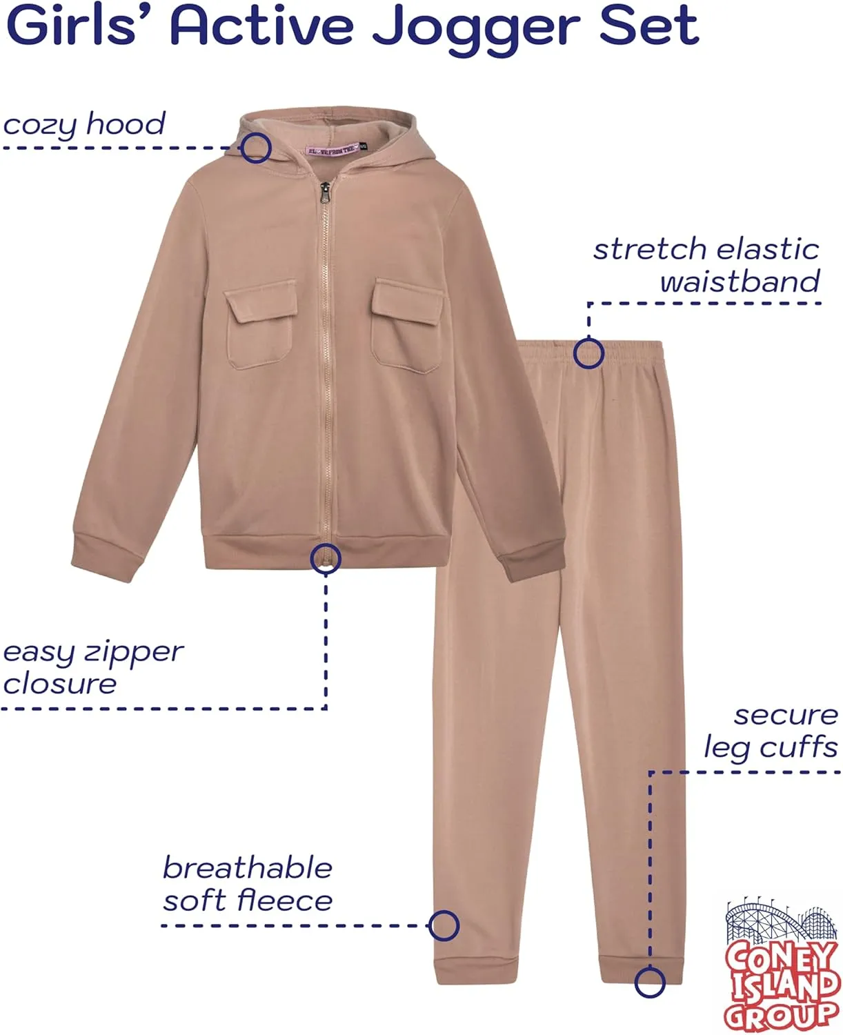 Coney Island Girls' Sweatsuit Set - 2 Piece Fleece Zip Up Hoodie Sweatshirt and Jogger Sweatpants Set for Girls (Sizes: 7-12)