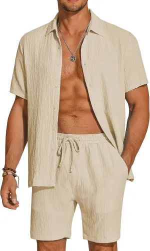 COOFANDY Men's 2 Piece Textured Outfits Beach Button Down Short Sleeve Shirt and Short Sets