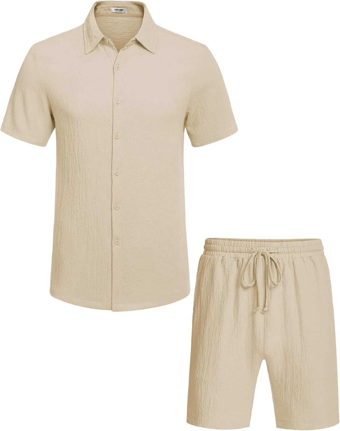 COOFANDY Men's 2 Piece Textured Outfits Beach Button Down Short Sleeve Shirt and Short Sets