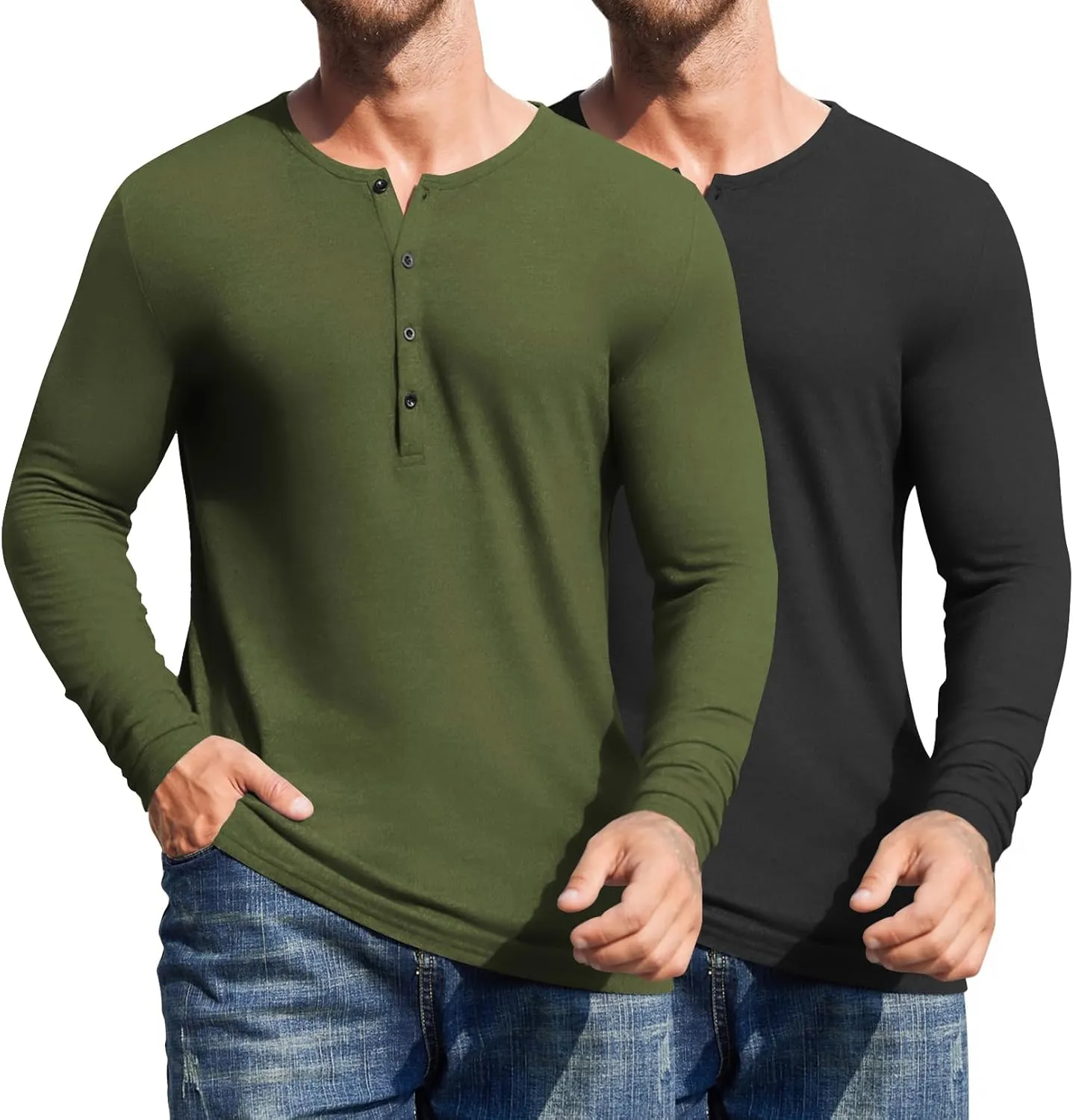 COOFANDY Men's 2Pack Slim Fit Henley Shirts Long Sleeve Lightweight Fashion Casual Cotton Basic T Shirts