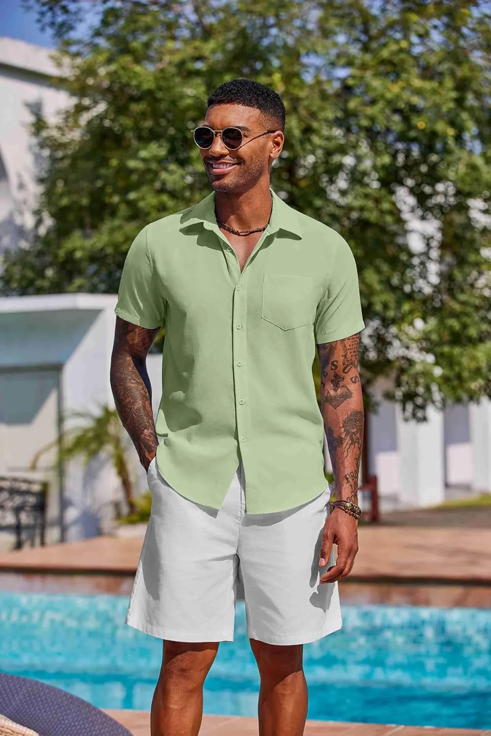 COOFANDY Men's Button Down Shirts Short Sleeve Casual Summer Shirts Beach Wedding Shirt with Pocket