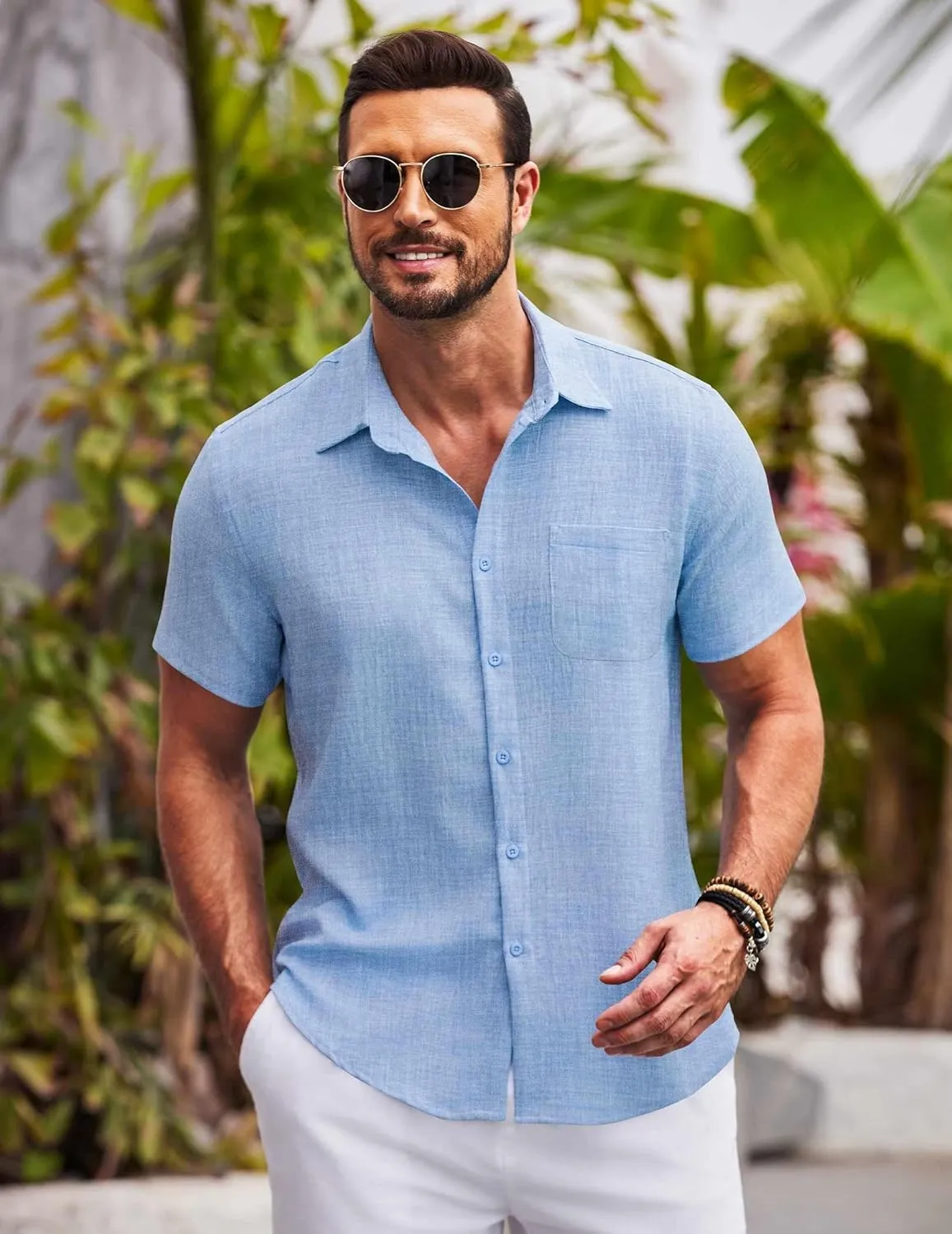 COOFANDY Mens Button Down Short Sleeve Shirts Casual Textured Shirt with Pocket Summer Beach Wedding Shirts